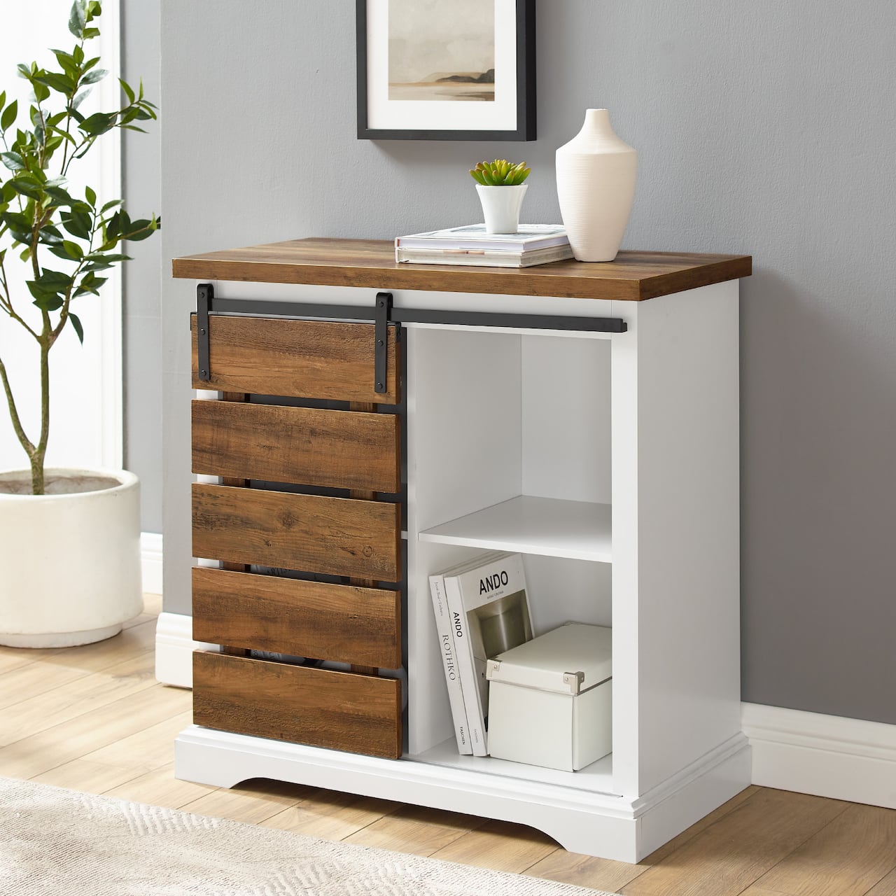 Walker Edison 32" Solid White & Reclaimed Wood Two-Tone Sliding Slat Door Accent Cabinet